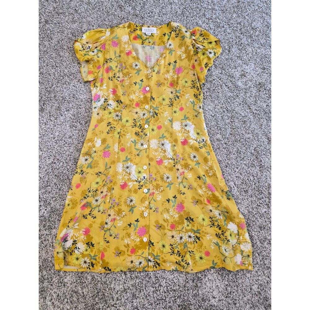 Velvet Graham Spencer Yellow Floral Button Front Mini Dress XS Viscose Cottage - Picture 2 of 6